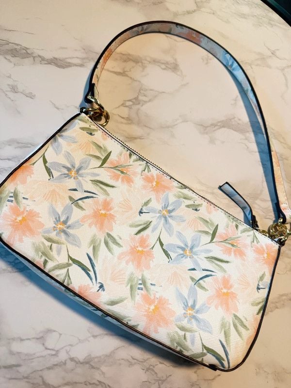 Nanette Lepore Floral Baguette Shoulder Bag Pastel Pink Blue EUC 5