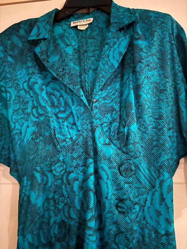 Vintage Oscar & Me Teal Black Midi Dress Size 5/6 3