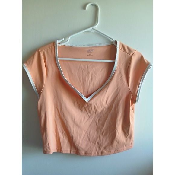 Old Navy Active Peach V-Neck Cropped T-Shirt Contrast Trim Stretch L 2