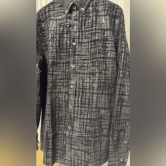 Fried Denim Black metallic pattern button up long sleeve shirt. 3