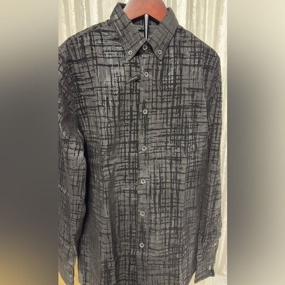 Fried Denim Black metallic pattern button up long sleeve shirt. 4