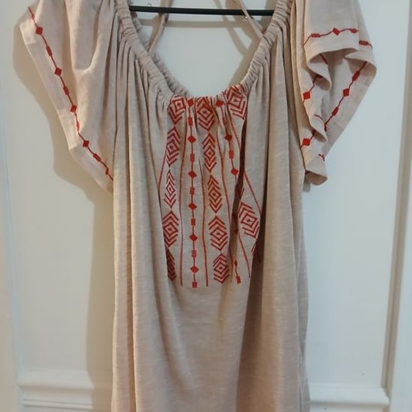 Kori Beige Tunic with Red Geometric Embroidery
