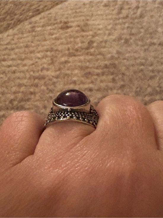 Silver Beaded Amethyst Cabochon Statement Ring, Size 8 7