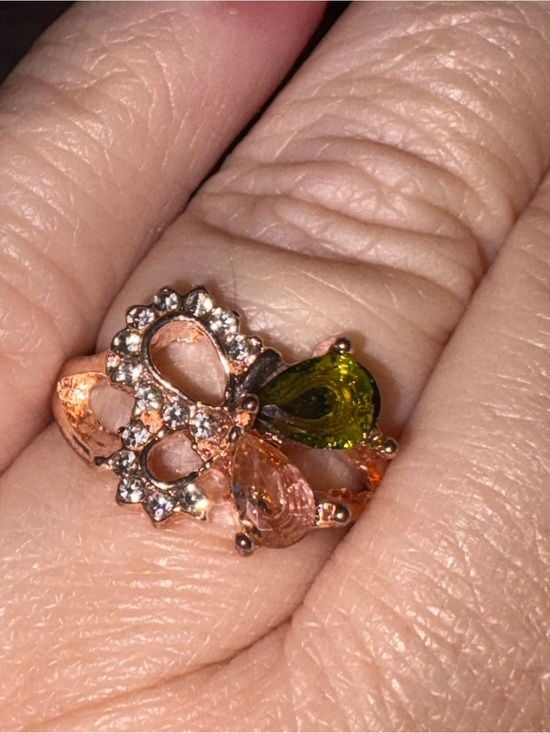 Unique Rose Gold Butterfly Ring with Pink and Olive Stones 2