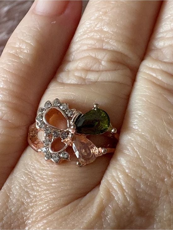 Unique Rose Gold Butterfly Ring with Pink and Olive Stones 3