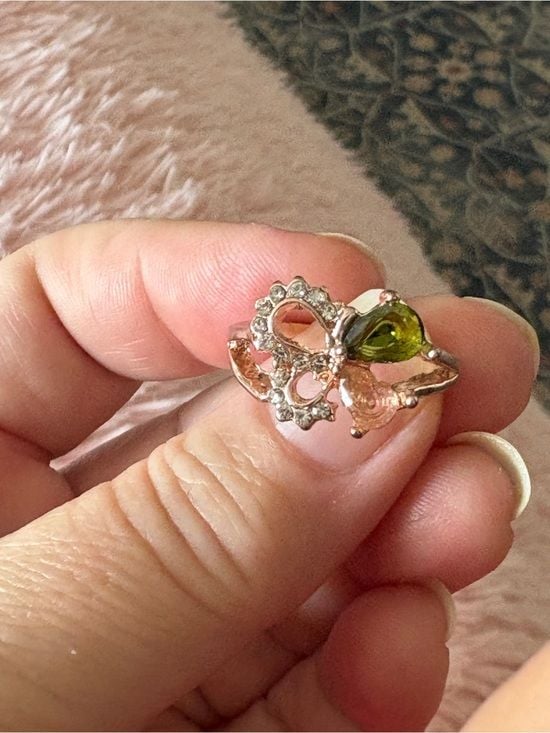 Unique Rose Gold Butterfly Ring with Pink and Olive Stones 6
