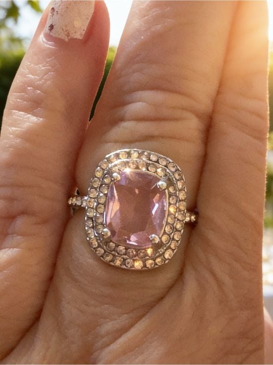 Silver with Pink & White Crystals Halo Statement Ring - Size 8 2