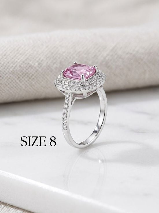 Silver with Pink & White Crystals Halo Statement Ring - Size 8 3