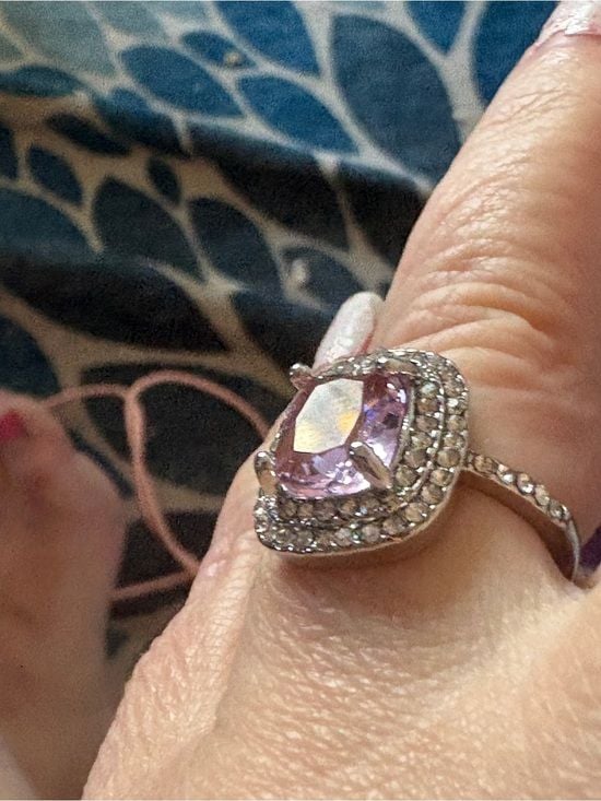 Silver with Pink & White Crystals Halo Statement Ring - Size 8 5