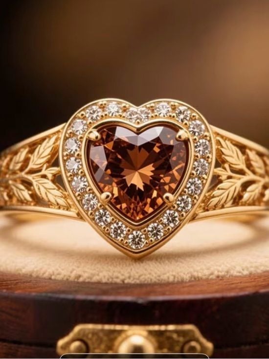 Gold Heart Ring with Brown Center Stone and Clear Accent Stones 2