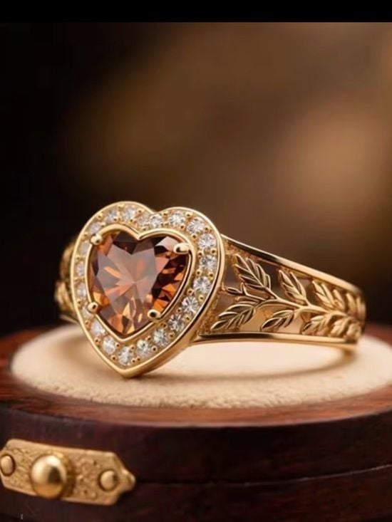 Gold Heart Ring with Brown Center Stone and Clear Accent Stones 3