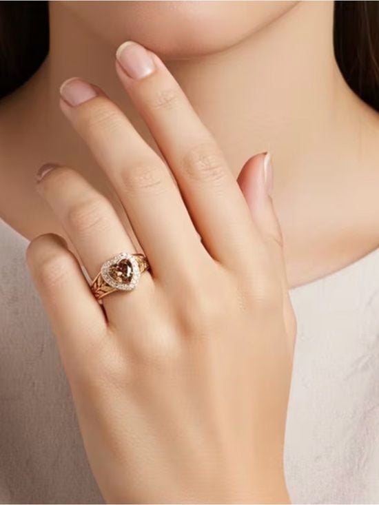 Gold Heart Ring with Brown Center Stone and Clear Accent Stones 4
