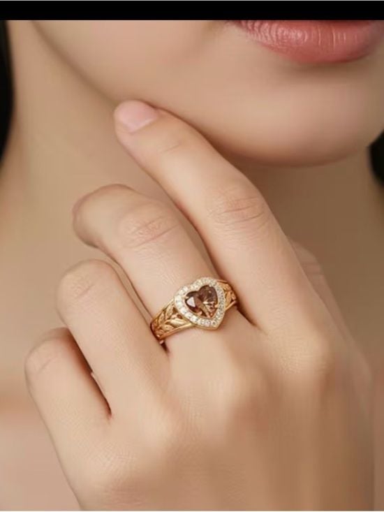 Gold Heart Ring with Brown Center Stone and Clear Accent Stones 5