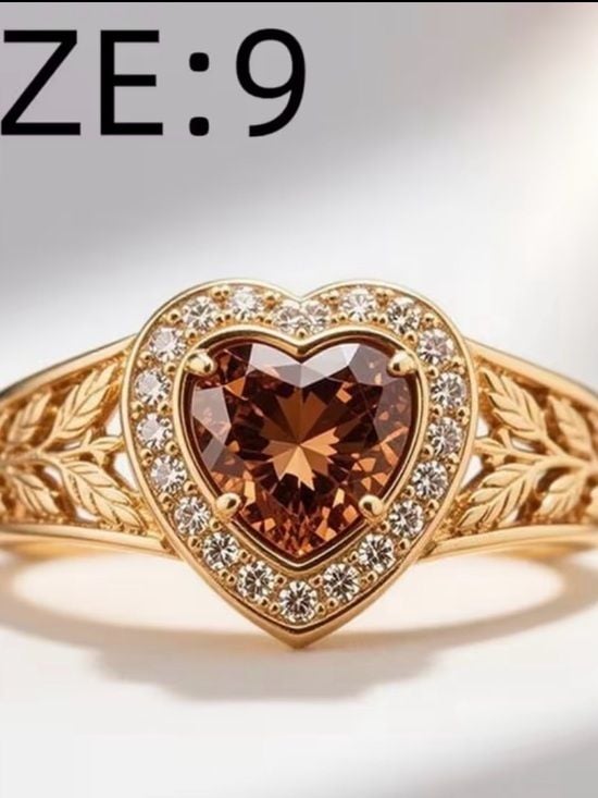 Gold Heart Ring with Brown Center Stone and Clear Accent Stones 6