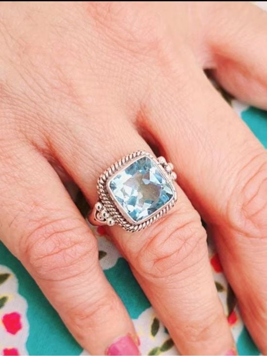 Silver Blue Topaz Square Statement Ring Size 8 2