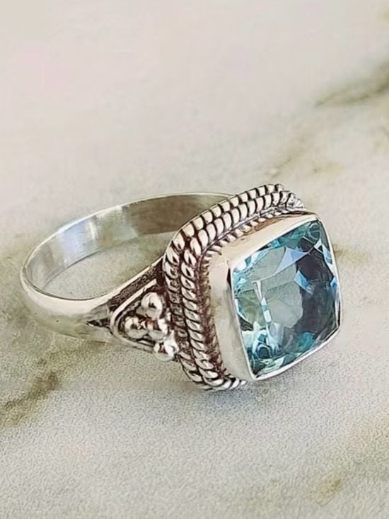 Silver Blue Topaz Square Statement Ring Size 8 3