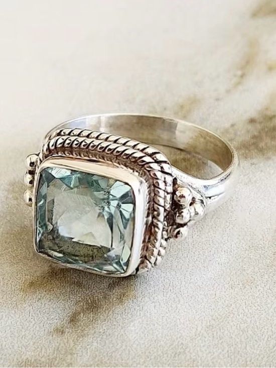 Silver Blue Topaz Square Statement Ring Size 8 5