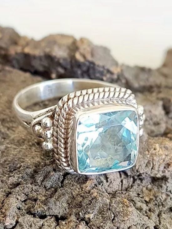Silver Blue Topaz Square Statement Ring Size 8 6