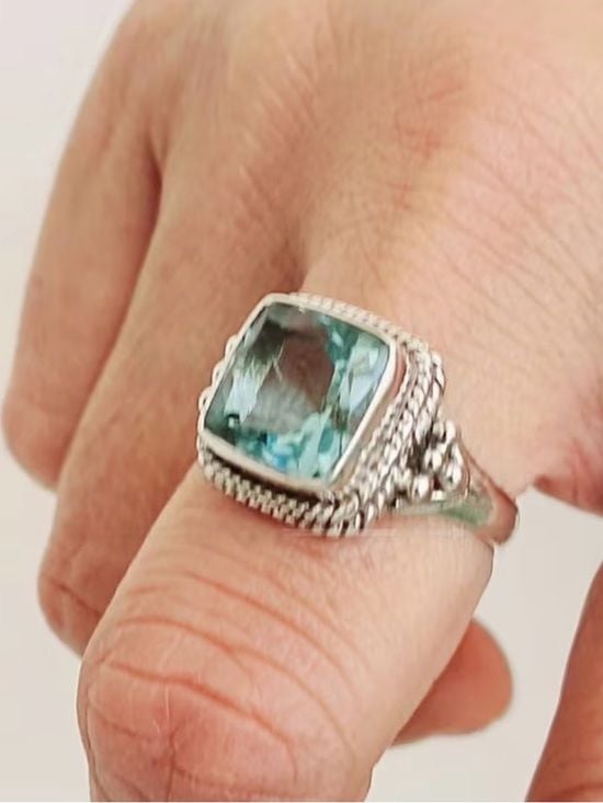 Silver Blue Topaz Square Statement Ring Size 8 7
