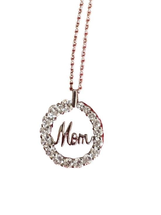 Sterling Silver 'Mom' Crystal Circle Pendant Necklace & Earring set NIB 1