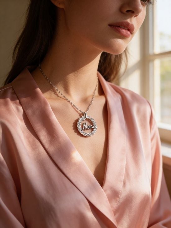 Sterling Silver 'Mom' Crystal Circle Pendant Necklace & Earring set NIB 3