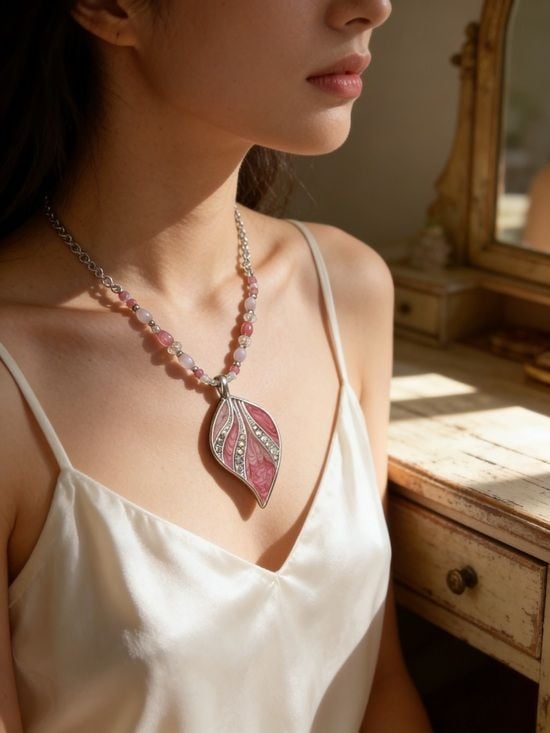 Kenneth Cole Pink Leaf Pendant Statement Necklace w/beads EUC 4