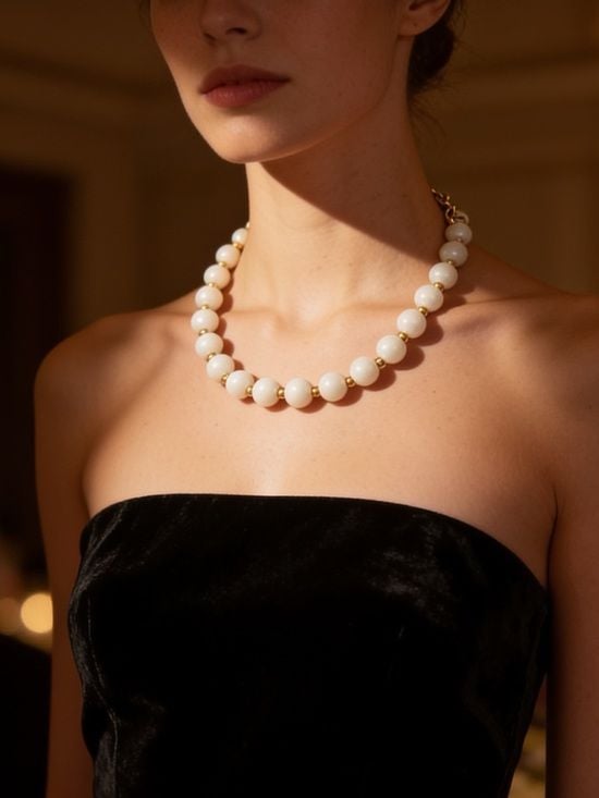 Vintage Monet Classic White Bead Necklace with Gold Accents 2