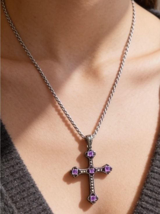 FAS Sterling Silver Chain Cross Necklace with Amethyst Stones 2