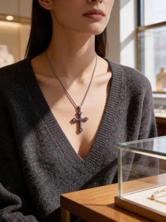 FAS Sterling Silver Chain Cross Necklace with Amethyst Stones 3