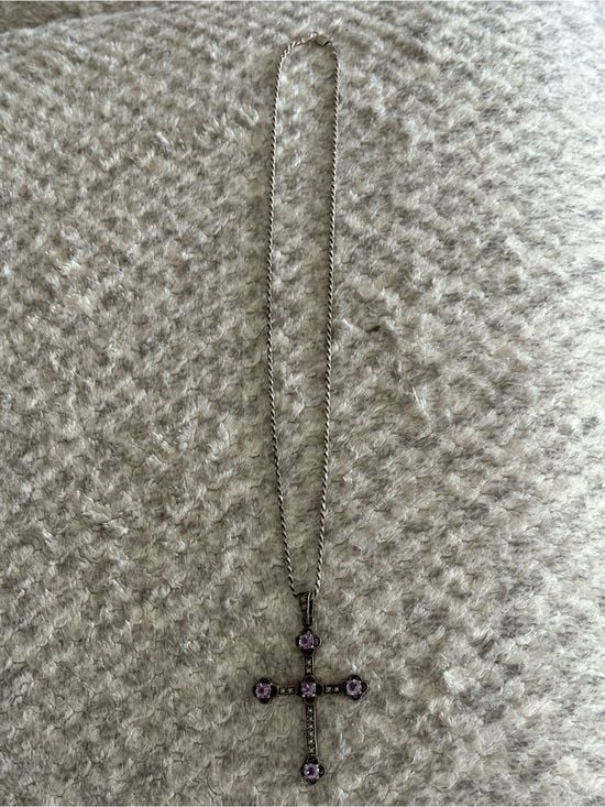 FAS Sterling Silver Chain Cross Necklace with Amethyst Stones 4