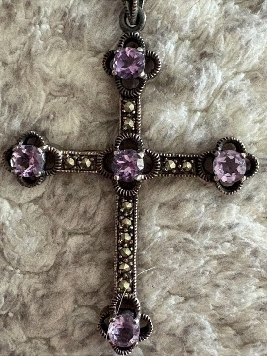FAS Sterling Silver Chain Cross Necklace with Amethyst Stones 5