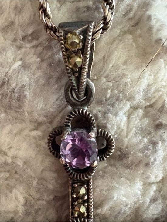 FAS Sterling Silver Chain Cross Necklace with Amethyst Stones 6