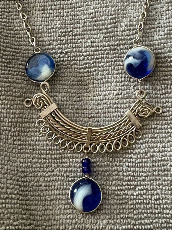 Silver-Tone Scroll Necklace with Blue Marble Accents 3