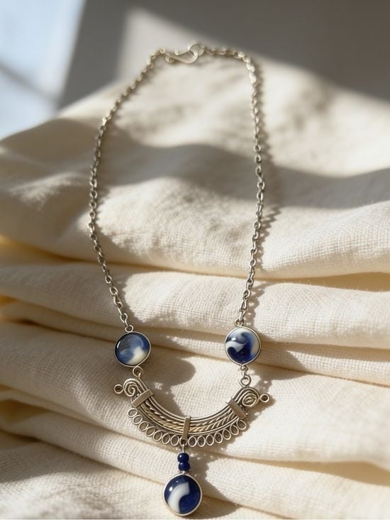 Silver-Tone Scroll Necklace with Blue Marble Accents 4