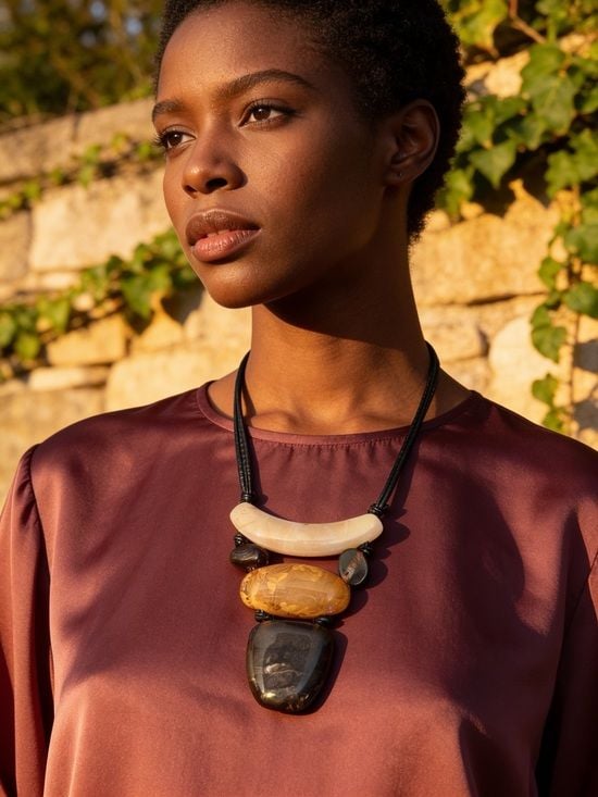 Statement Multistone Resin Pendant Necklace in Cream, Amber & Black 2