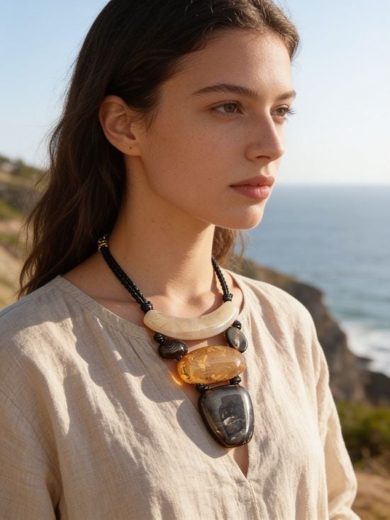 Statement Multistone Resin Pendant Necklace in Cream, Amber & Black 3