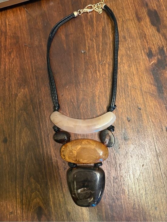 Statement Multistone Resin Pendant Necklace in Cream, Amber & Black 4