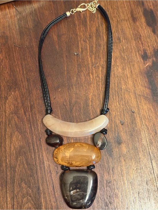 Statement Multistone Resin Pendant Necklace in Cream, Amber & Black 5