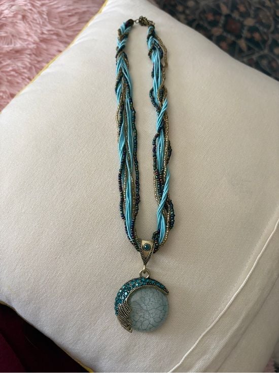 Mtlee Bohemian Blue and Gold Braided Statement Necklace EUC 5