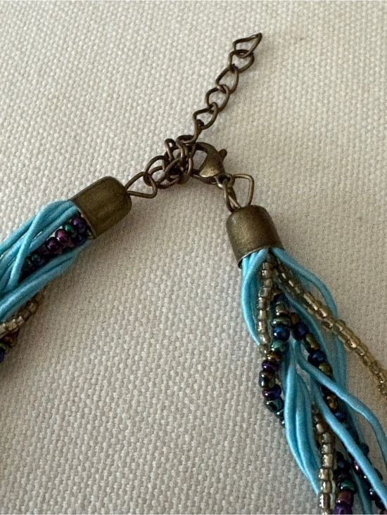 Mtlee Bohemian Blue and Gold Braided Statement Necklace EUC 9