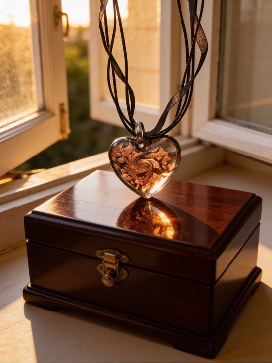 Handblown Glass Heart in Black with Copper Swirl on ribbon with extension. EUC 2