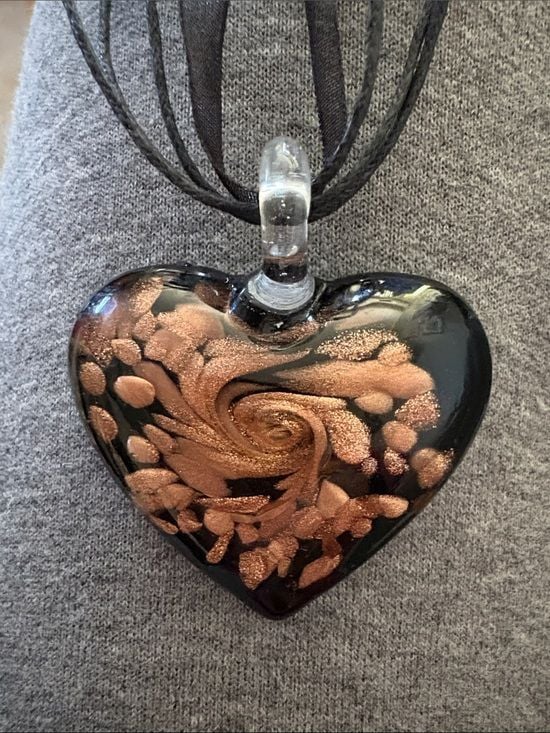 Handblown Glass Heart in Black with Copper Swirl on ribbon with extension. EUC 3