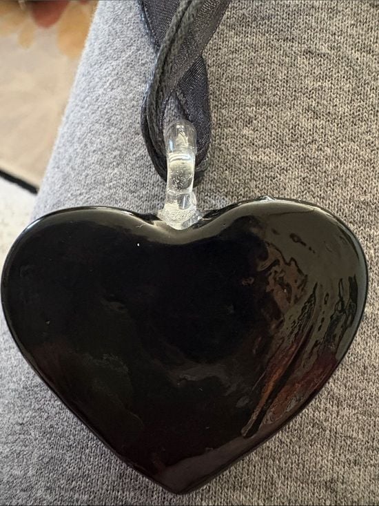 Handblown Glass Heart in Black with Copper Swirl on ribbon with extension. EUC 4