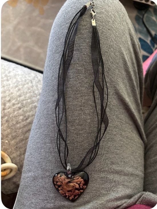 Handblown Glass Heart in Black with Copper Swirl on ribbon with extension. EUC 5