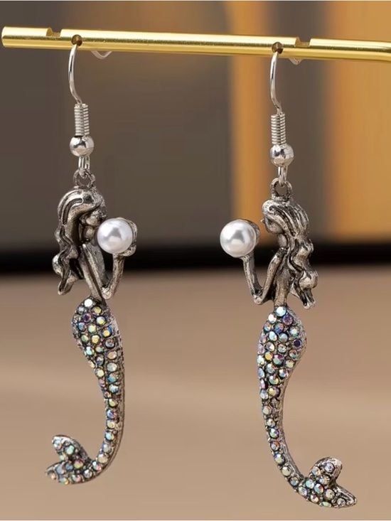 Silver Plated Mermaid Drop Earrings with Pearl and Multicolor Crystals 2