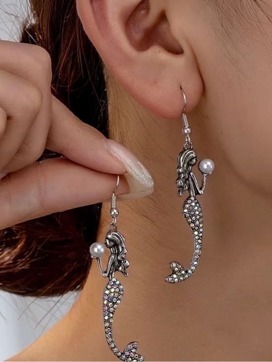 Silver Plated Mermaid Drop Earrings with Pearl and Multicolor Crystals 3