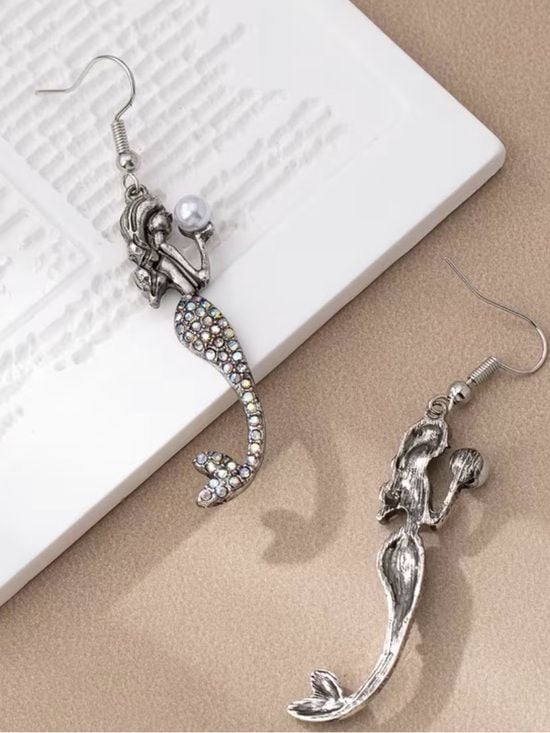 Silver Plated Mermaid Drop Earrings with Pearl and Multicolor Crystals 4