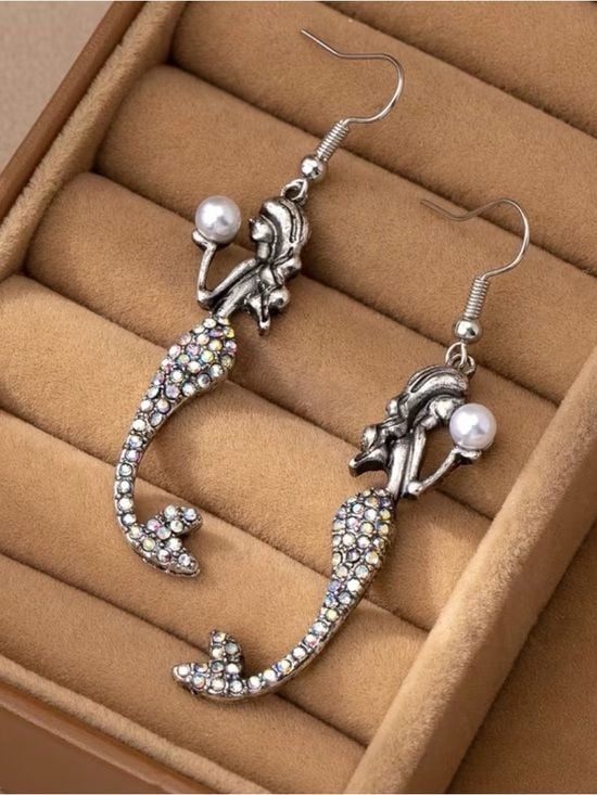 Silver Plated Mermaid Drop Earrings with Pearl and Multicolor Crystals 6