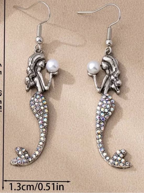 Silver Plated Mermaid Drop Earrings with Pearl and Multicolor Crystals 7