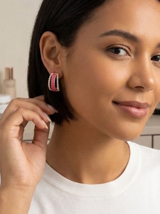 Coral & Gold Ton Crystal Hoop Drop Post Earrings NWT 2